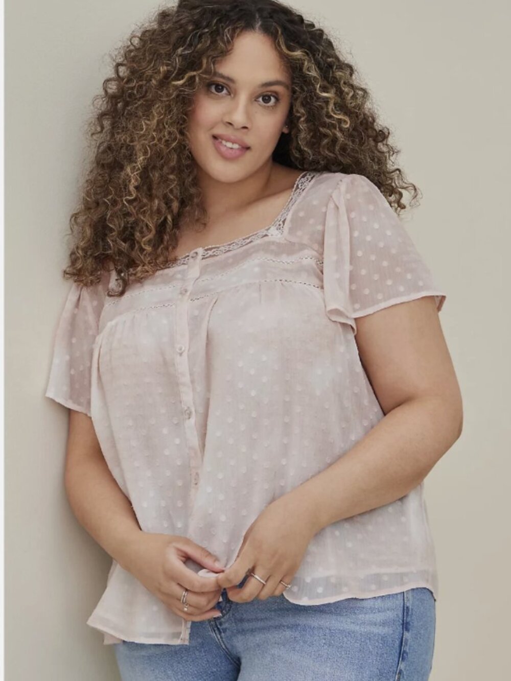 New Torrid Women's Chiffon Clip Dot Pink Button Front Blouse (4X)